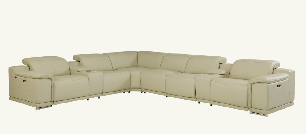 Serena Beige Italian Leather Power Reclining U-Shaped 8-Piece Sectional with Console and USB Port