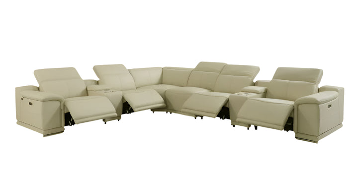 Serena Beige Italian Leather Power Reclining U-Shaped 8-Piece Sectional with Console and USB Port