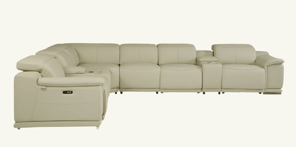 Serena Beige Italian Leather Power Reclining U-Shaped 8-Piece Sectional with Console and USB Port