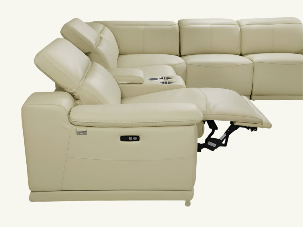 Serena Beige Italian Leather Power Reclining U-Shaped 8-Piece Sectional with Console and USB Port