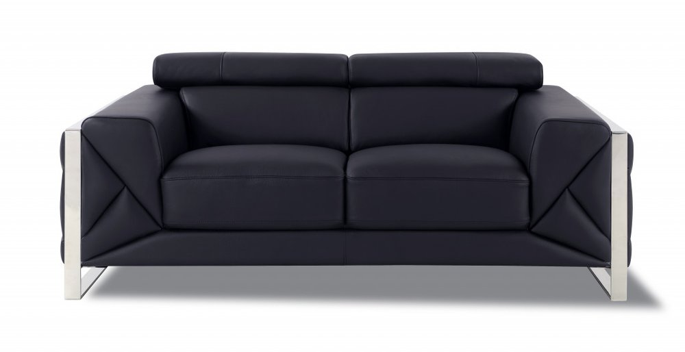 Giovanni 75" Black Italian Leather Loveseat with Silver Legs