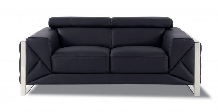 Giovanni 75" Black Italian Leather Loveseat with Silver Legs