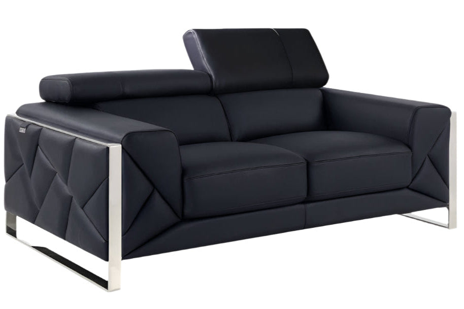 Giovanni 75" Black Italian Leather Loveseat with Silver Legs