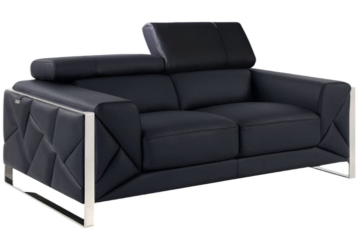 Giovanni 75" Black Italian Leather Loveseat with Silver Legs