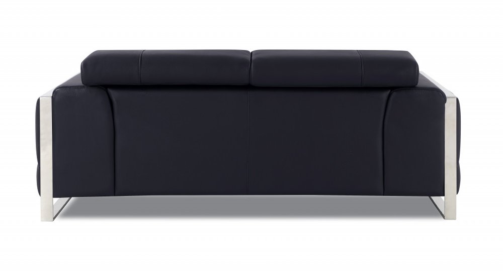 Giovanni 75" Black Italian Leather Loveseat with Silver Legs