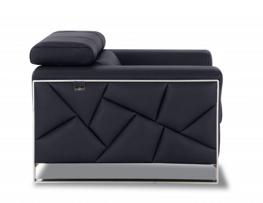 Giovanni 75" Black Italian Leather Loveseat with Silver Legs