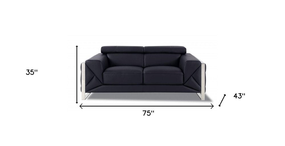 Giovanni 75" Black Italian Leather Loveseat with Silver Legs