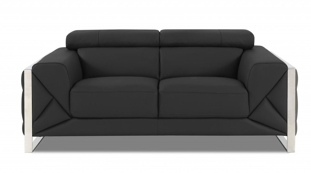 Salvatore 75" Gray Italian Leather Loveseat with Silver Legs