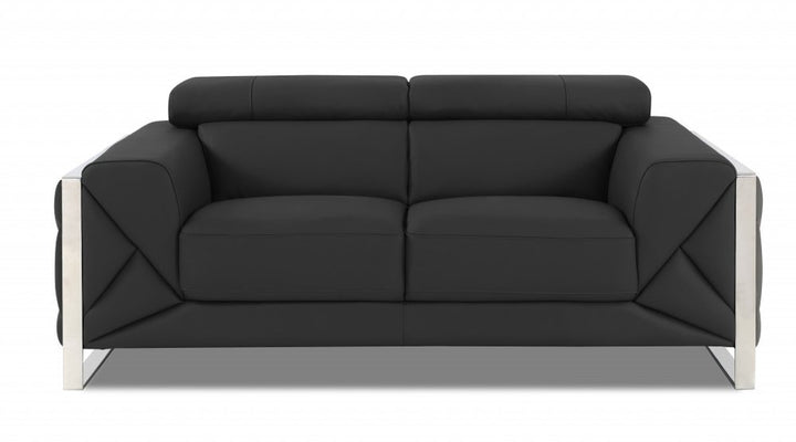 Salvatore 75" Gray Italian Leather Loveseat with Silver Legs