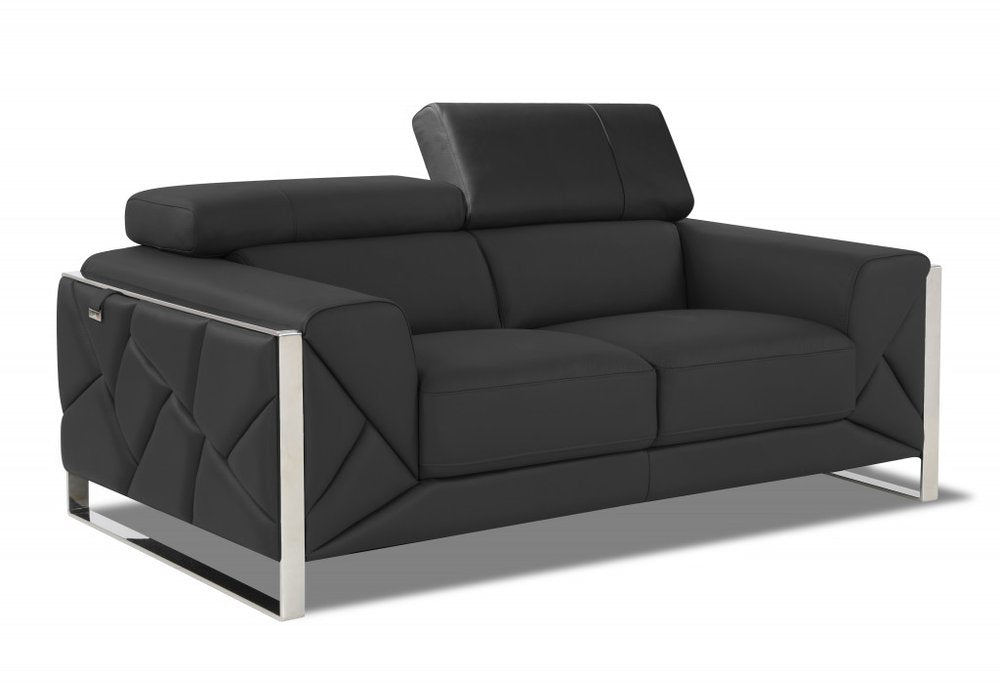 Salvatore 75" Gray Italian Leather Loveseat with Silver Legs
