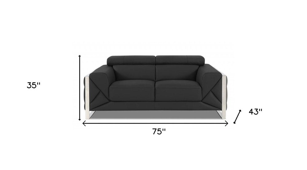 Salvatore 75" Gray Italian Leather Loveseat with Silver Legs