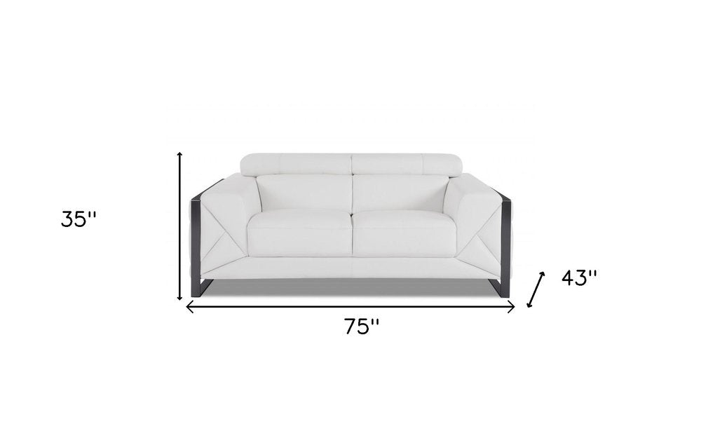 Alfeo 75" White Italian Leather Loveseat with Black Legs