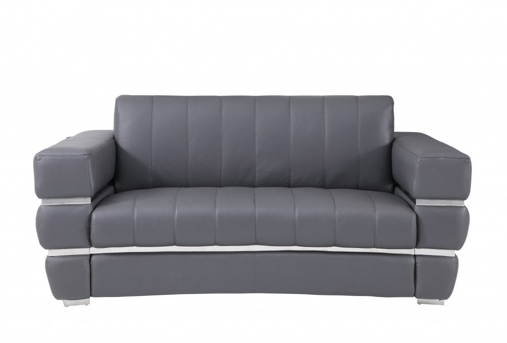 Dario 75" Gray Italian Leather Loveseat with Silver Legs