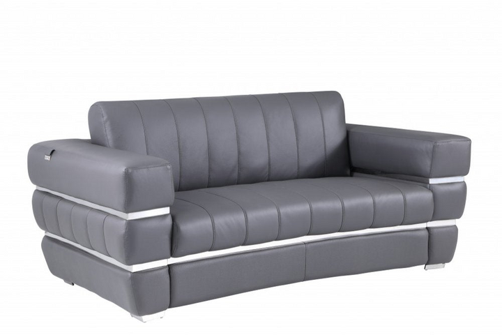 Dario 75" Gray Italian Leather Loveseat with Silver Legs