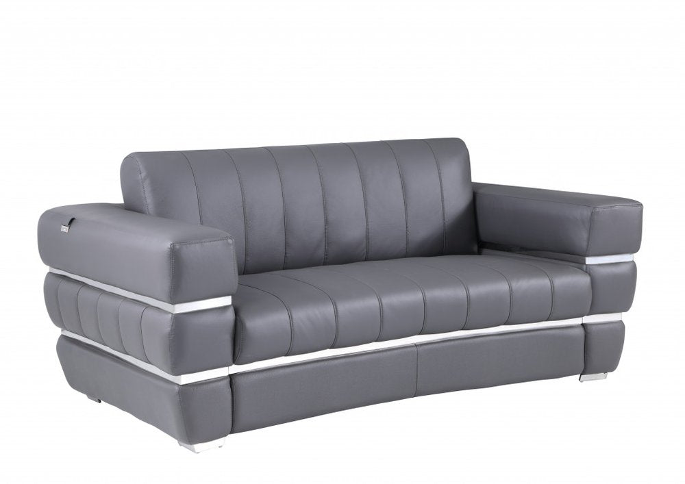 Dario 75" Gray Italian Leather Loveseat with Silver Legs