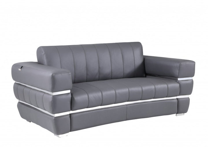 Dario 75" Gray Italian Leather Loveseat with Silver Legs