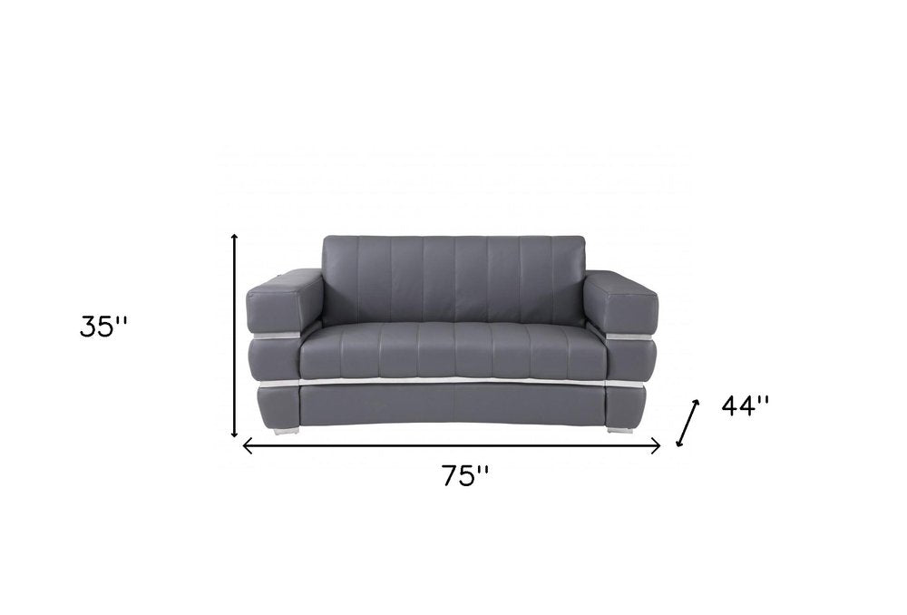 Dario 75" Gray Italian Leather Loveseat with Silver Legs
