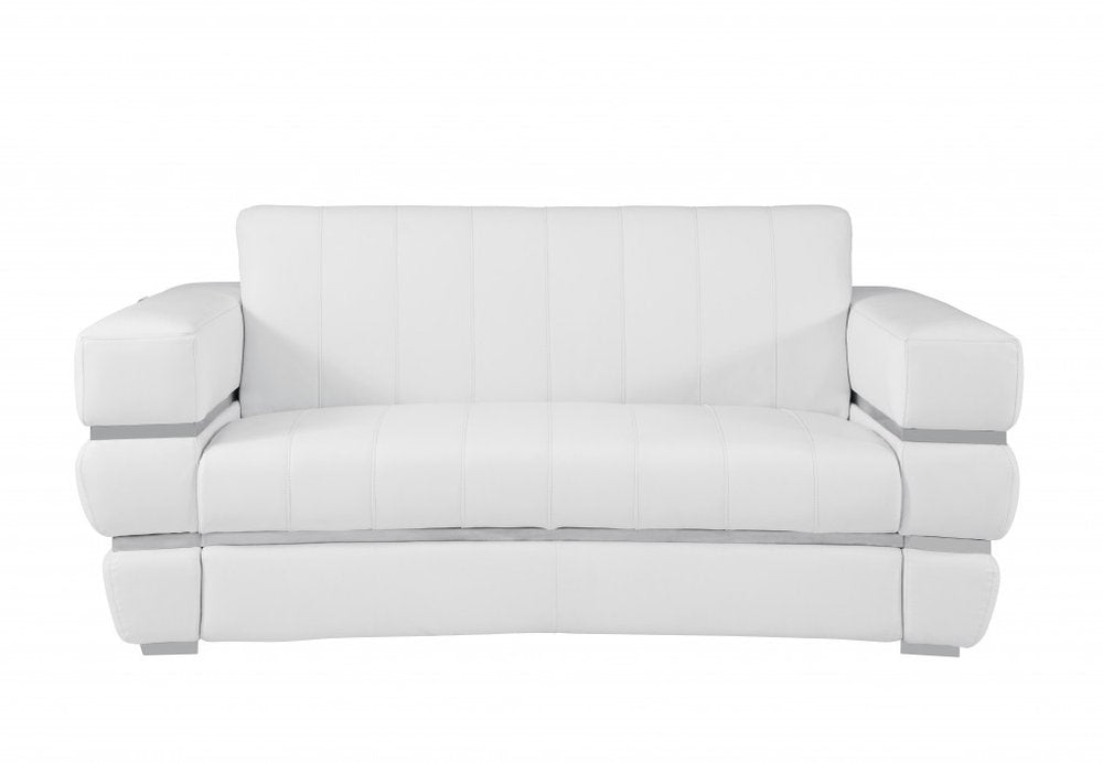 Bianco 75" White Italian Leather Loveseat with Silver Legs