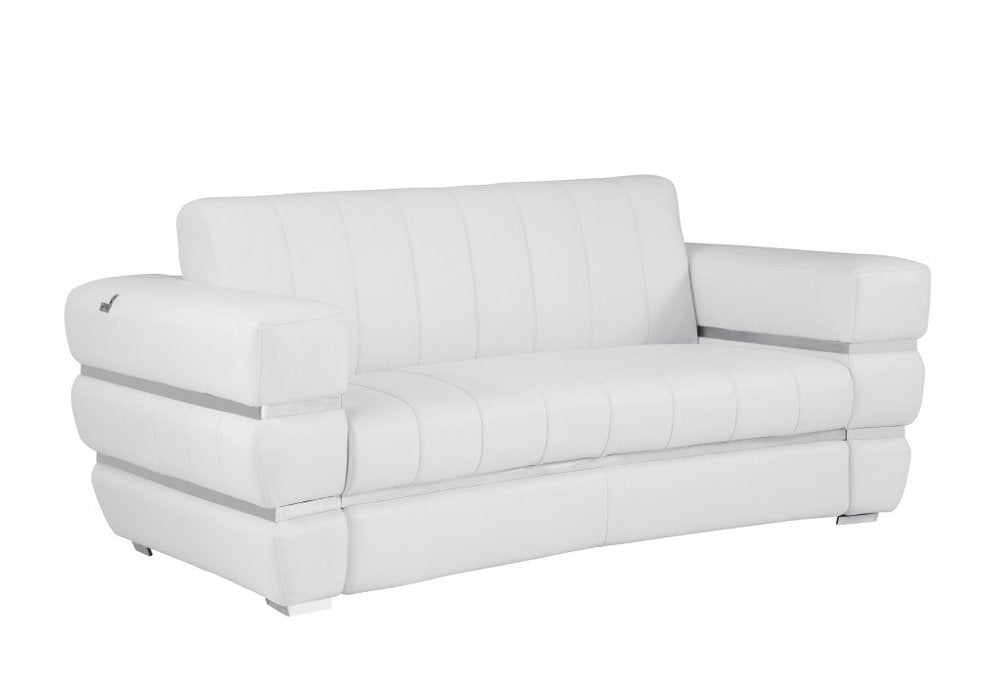 Bianco 75" White Italian Leather Loveseat with Silver Legs