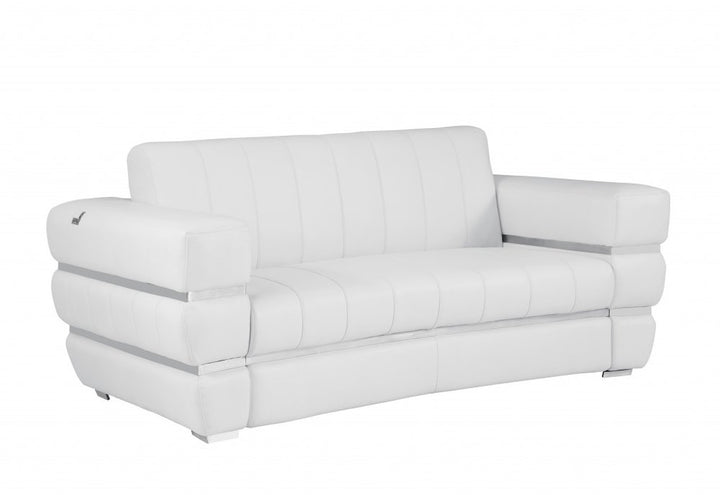 Bianco 75" White Italian Leather Loveseat with Silver Legs