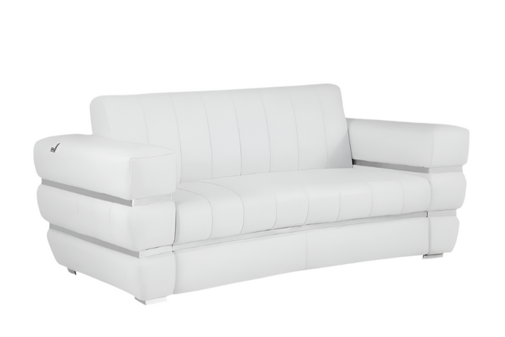 Bianco 75" White Italian Leather Loveseat with Silver Legs