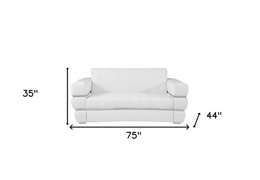 Bianco 75" White Italian Leather Loveseat with Silver Legs
