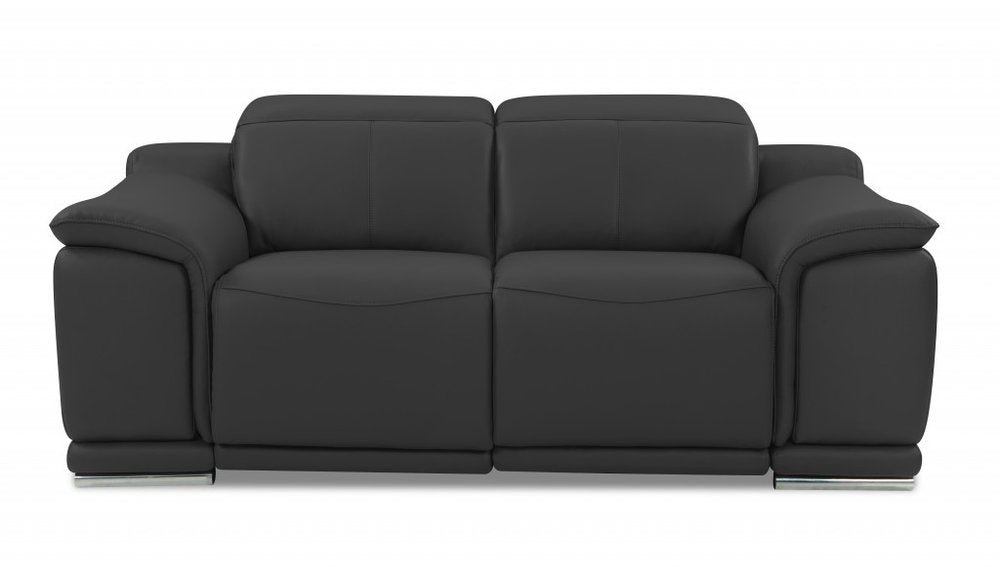 Raffaello 72" Gray Italian Leather Power Reclining Loveseat with Silver Legs