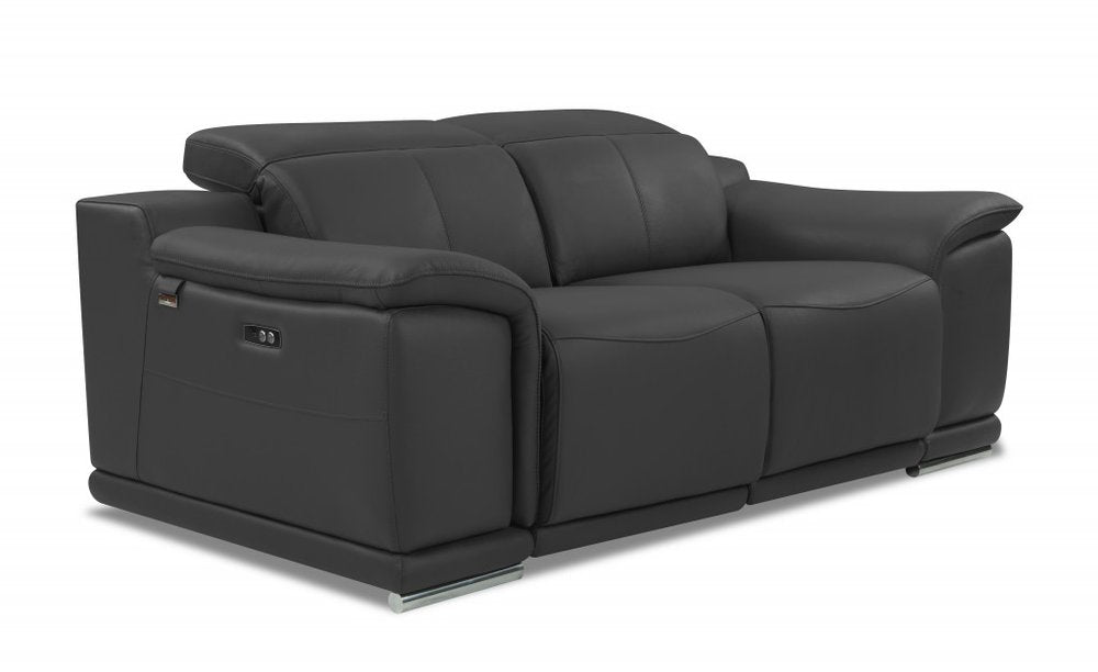 Raffaello 72" Gray Italian Leather Power Reclining Loveseat with Silver Legs
