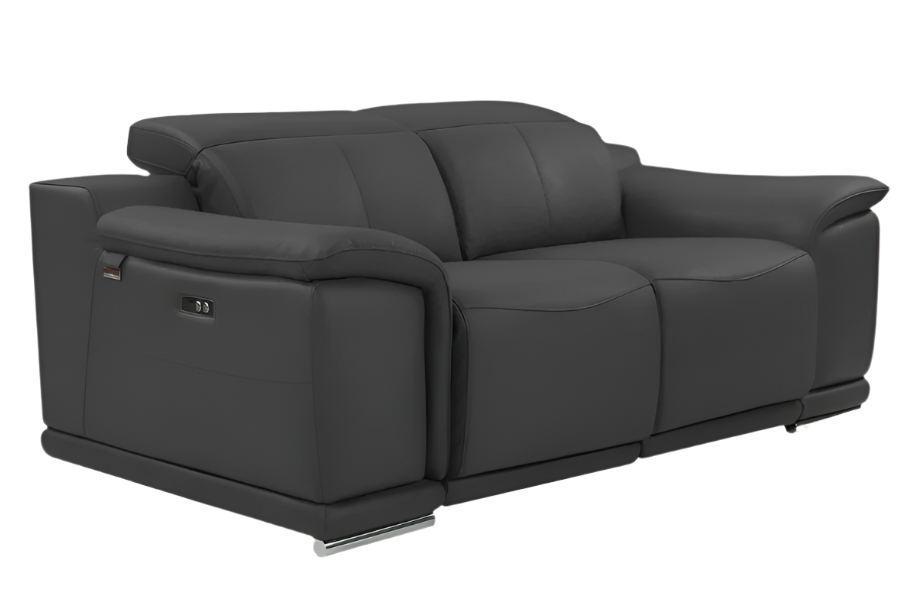 Raffaello 72" Gray Italian Leather Power Reclining Loveseat with Silver Legs