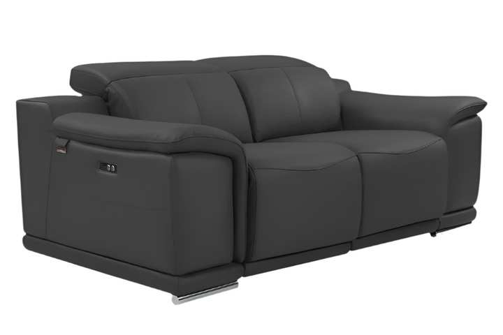 Raffaello 72" Gray Italian Leather Power Reclining Loveseat with Silver Legs