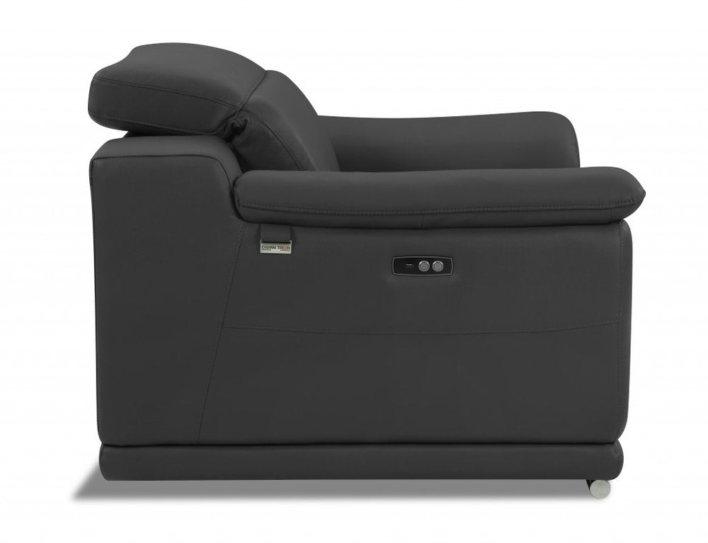Raffaello 72" Gray Italian Leather Power Reclining Loveseat with Silver Legs
