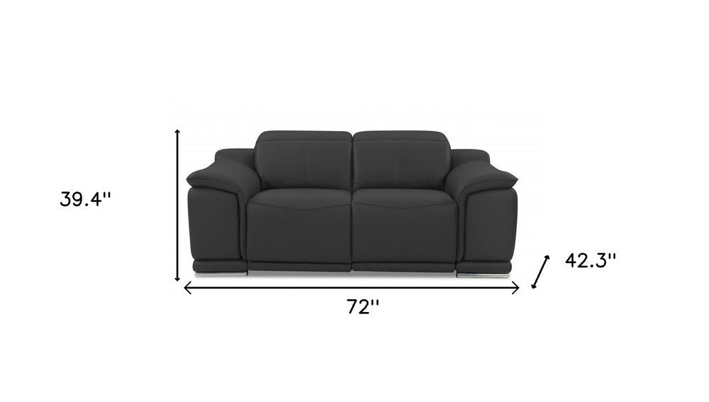 Raffaello 72" Gray Italian Leather Power Reclining Loveseat with Silver Legs