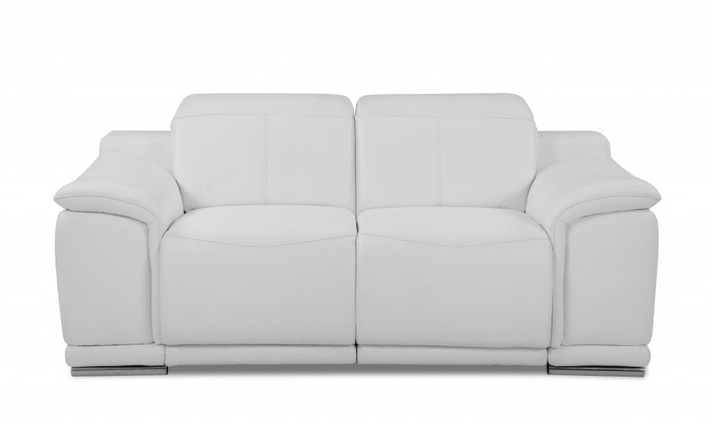 Valentino 72" White Italian Leather Power Reclining Loveseat with Silver Legs
