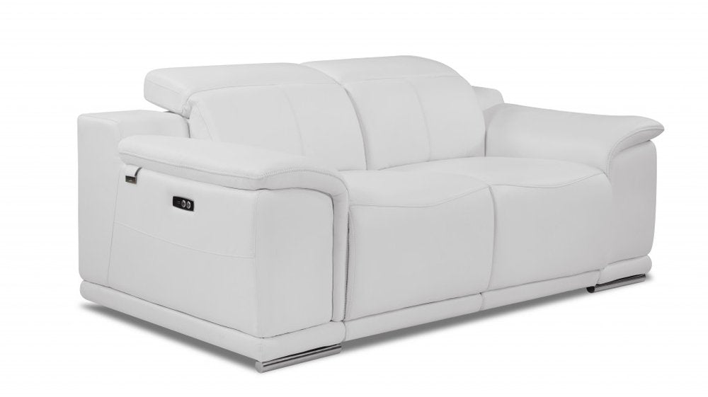 Valentino 72" White Italian Leather Power Reclining Loveseat with Silver Legs