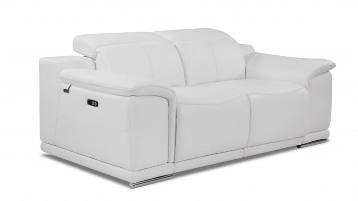 Valentino 72" White Italian Leather Power Reclining Loveseat with Silver Legs
