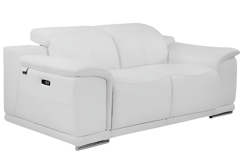 Valentino 72" White Italian Leather Power Reclining Loveseat with Silver Legs