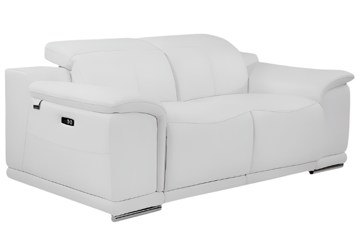 Valentino 72" White Italian Leather Power Reclining Loveseat with Silver Legs