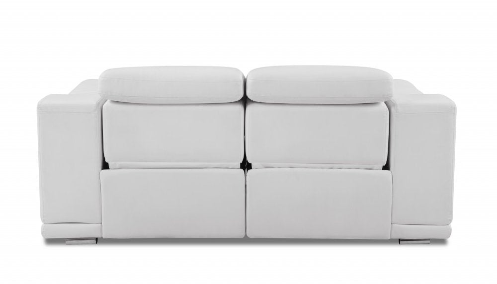 Valentino 72" White Italian Leather Power Reclining Loveseat with Silver Legs