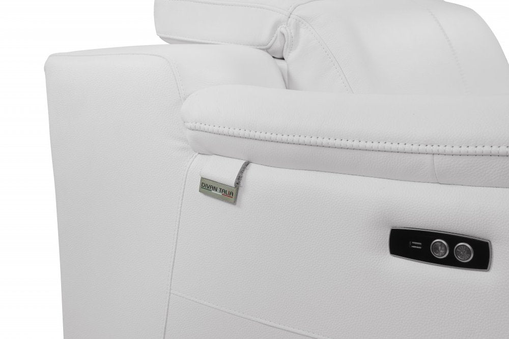 Valentino 72" White Italian Leather Power Reclining Loveseat with Silver Legs
