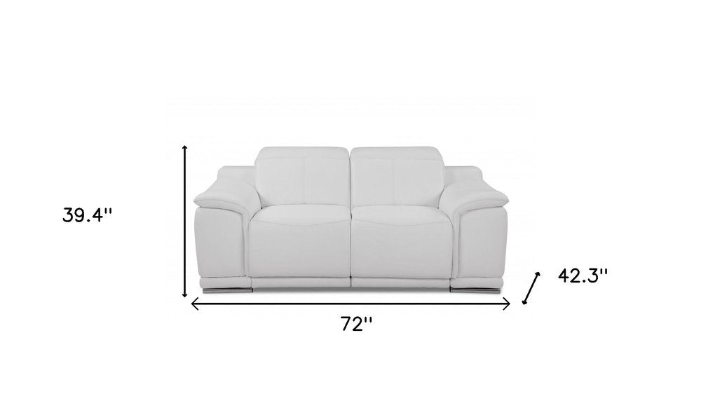 Valentino 72" White Italian Leather Power Reclining Loveseat with Silver Legs