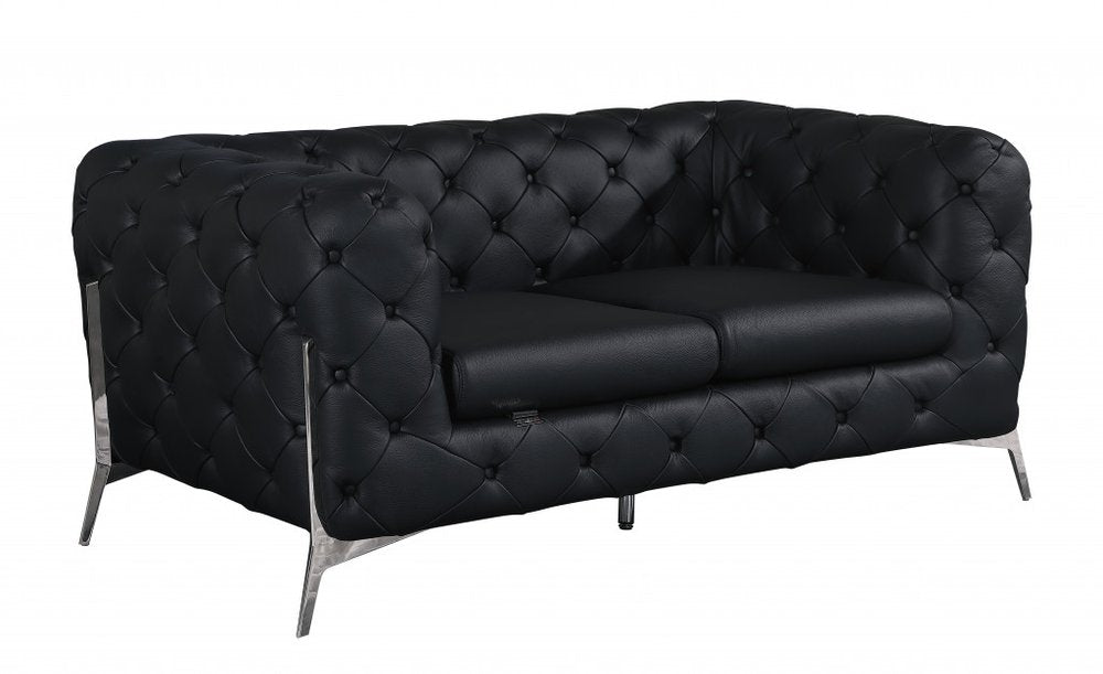 Marcello 69" Black Italian Leather Loveseat with Silver Legs