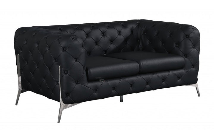 Marcello 69" Black Italian Leather Loveseat with Silver Legs