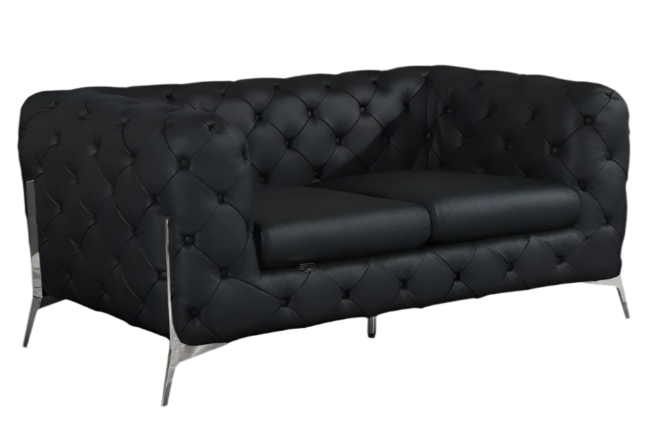 Marcello 69" Black Italian Leather Loveseat with Silver Legs