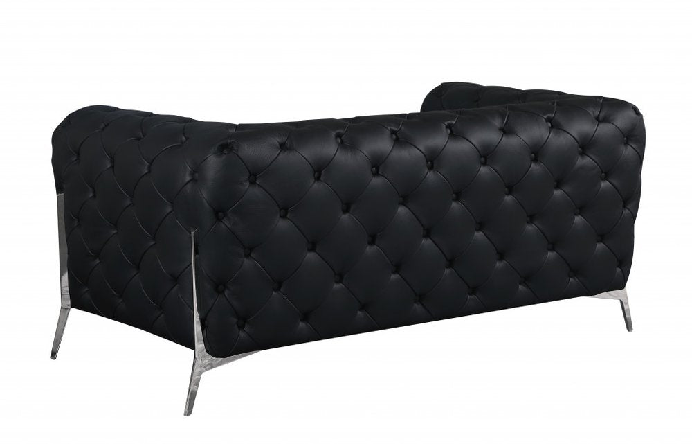 Marcello 69" Black Italian Leather Loveseat with Silver Legs