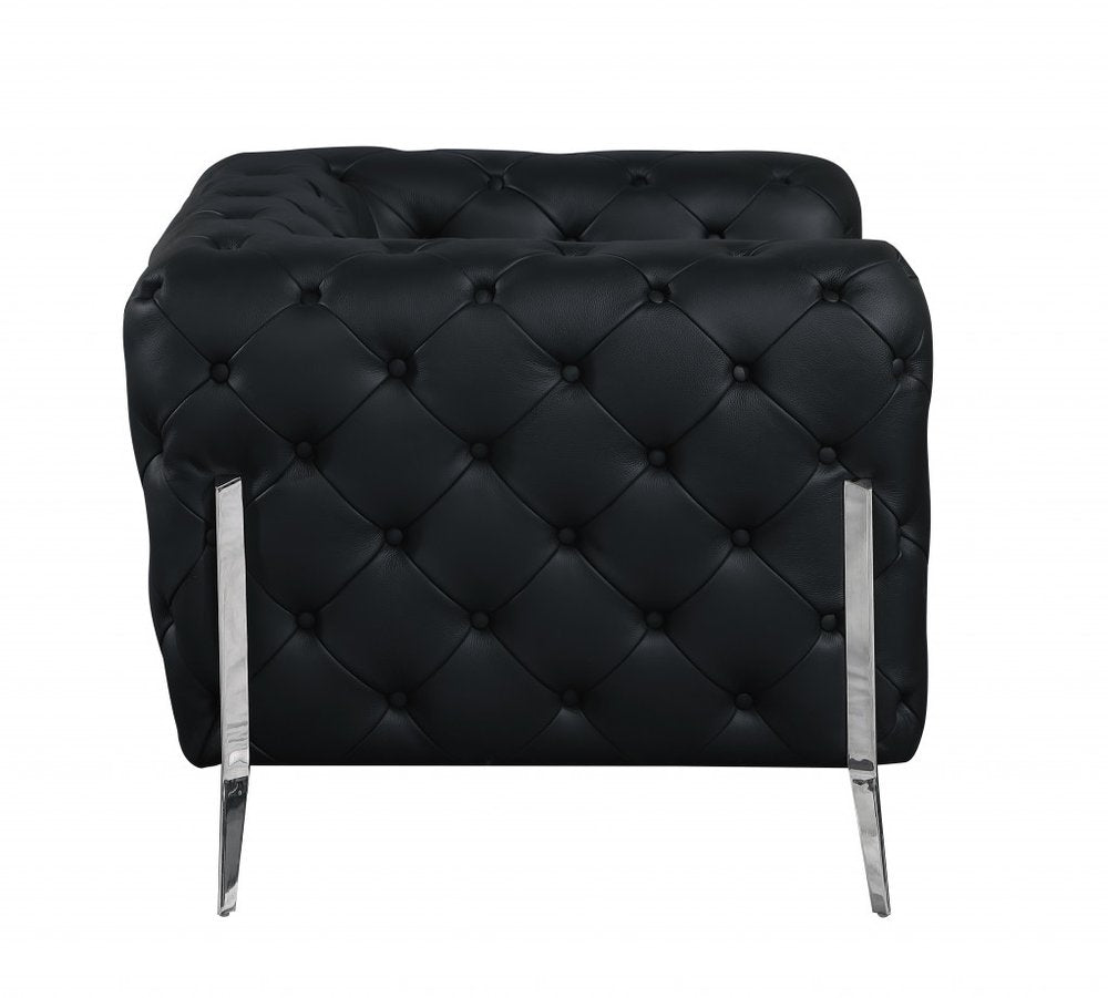 Marcello 69" Black Italian Leather Loveseat with Silver Legs