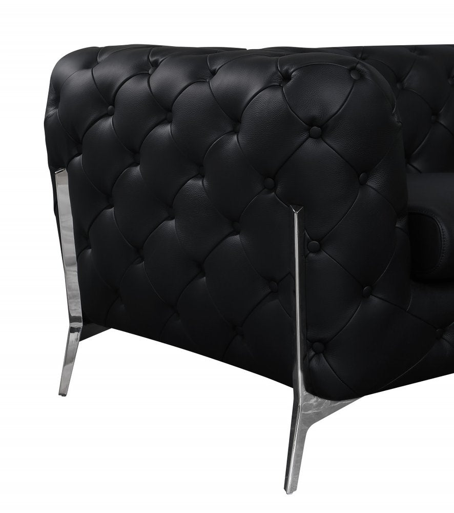Marcello 69" Black Italian Leather Loveseat with Silver Legs