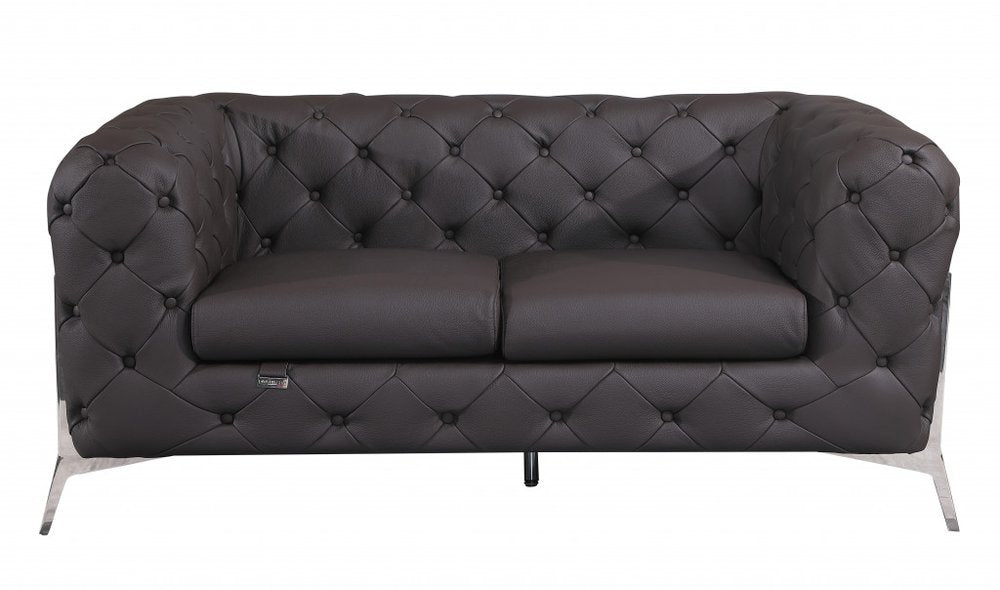 Giancarlo 69" Brown Italian Leather Loveseat with Silver Legs