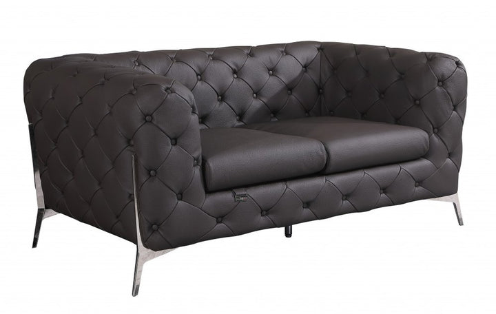 Giancarlo 69" Brown Italian Leather Loveseat with Silver Legs