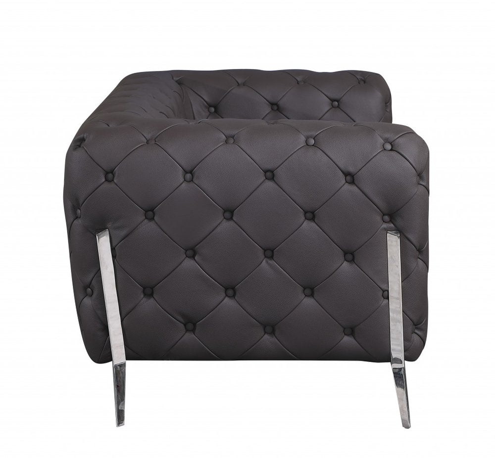 Giancarlo 69" Brown Italian Leather Loveseat with Silver Legs