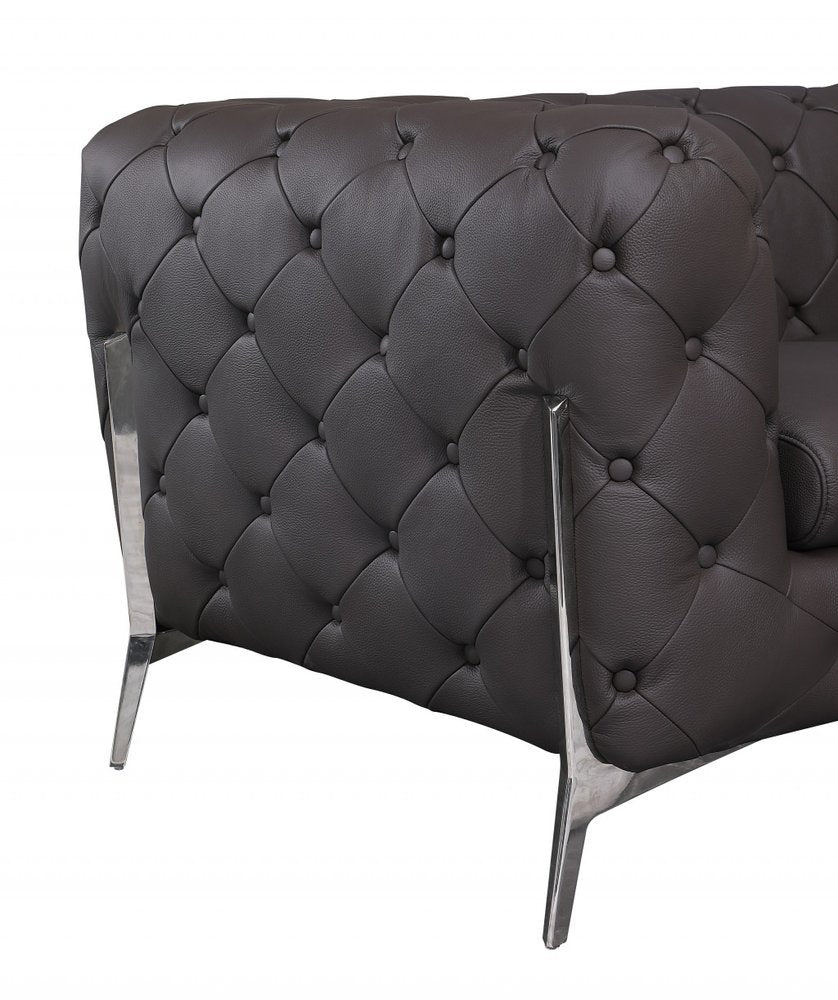 Giancarlo 69" Brown Italian Leather Loveseat with Silver Legs